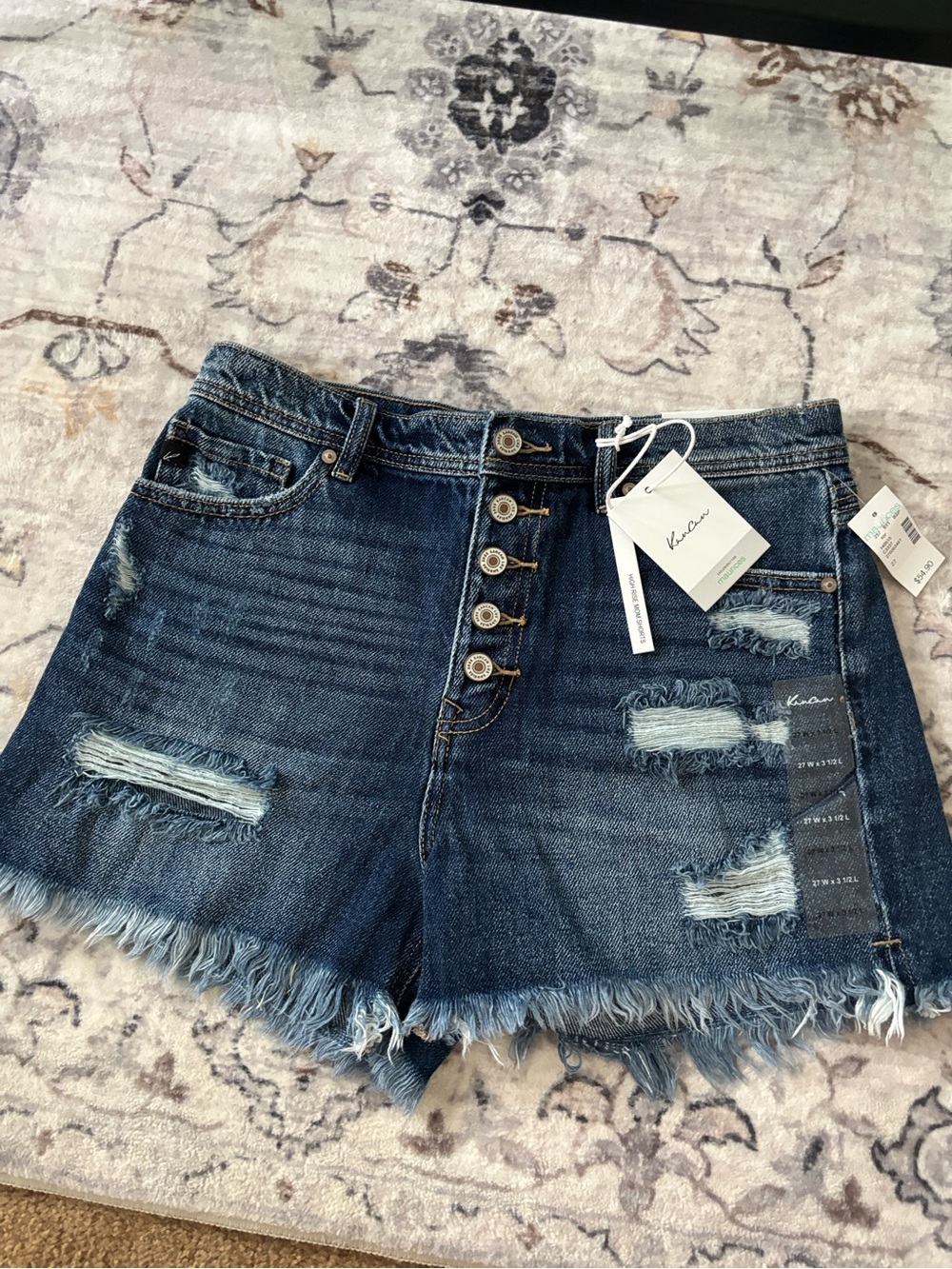 KanCan Dark Blue Distressed Button-Fly Denim Shorts W27